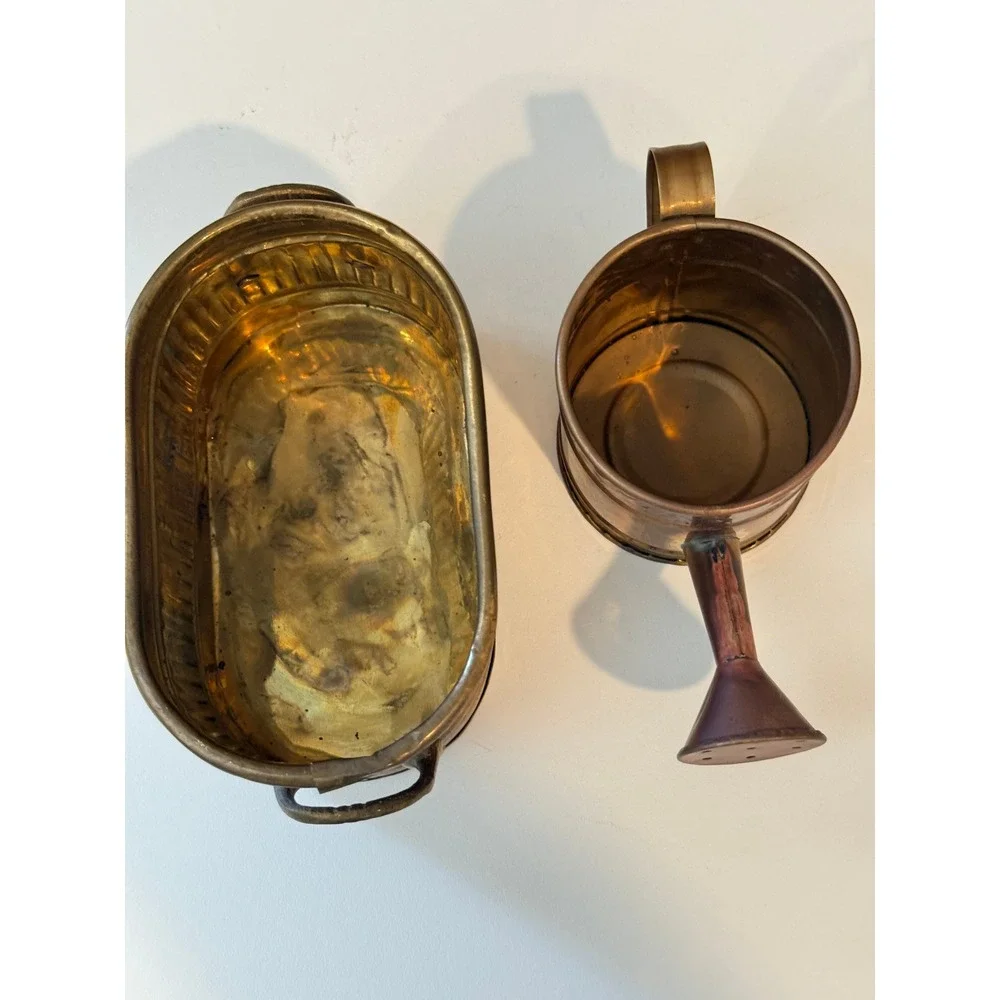 Hosley Solid Brass Decorative Mini Watering Can and Ribbed Oval Planter Set